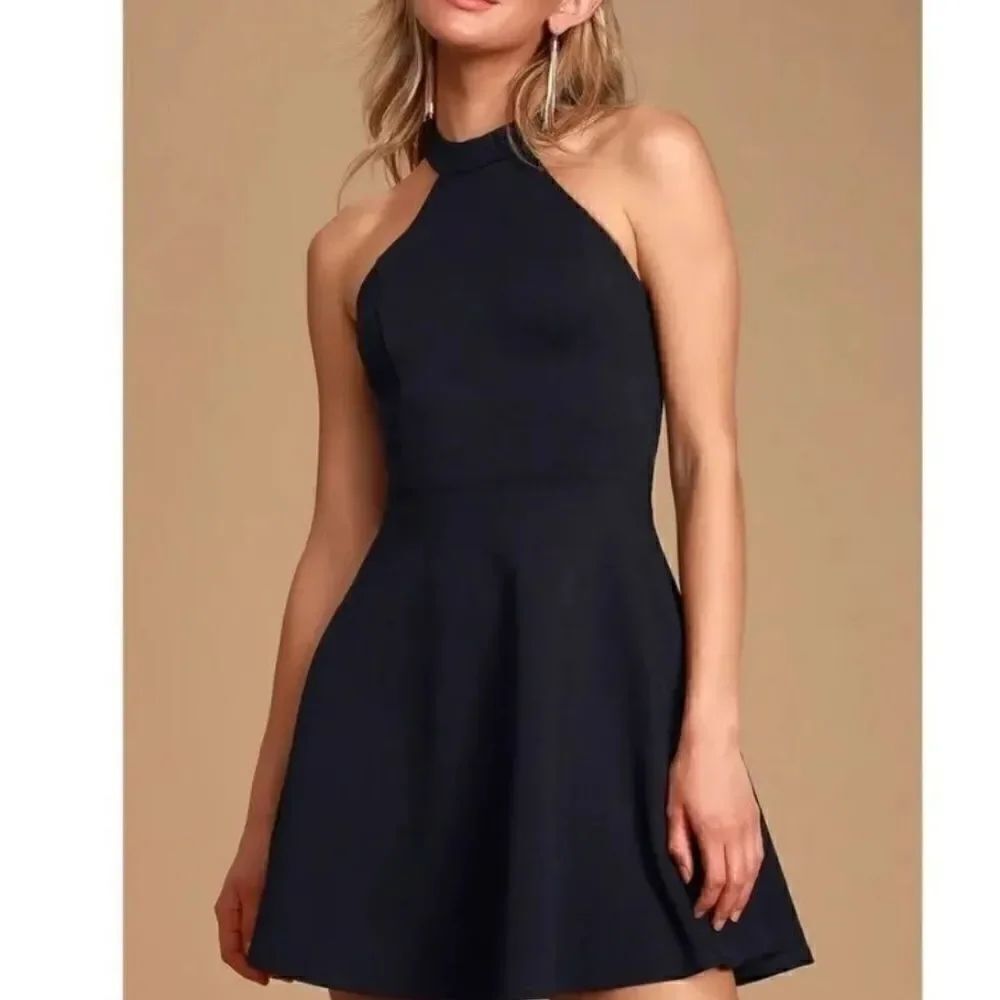 Lulus Black Halter Dress Open Back Lace Skater Dress Size Medium